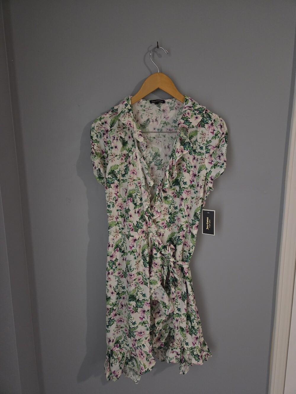Juicy Couture White Floral Mini Dress with Green and Pink Accents